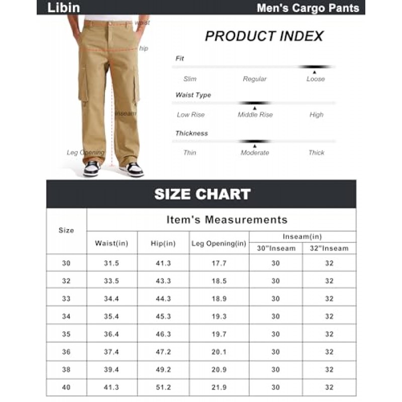 Libin 남성용 루즈핏 카고 바지 능직 캐주얼 작업 바지 6 포켓 와이드 레그 패션 야외 하이킹 밀리터리 바지