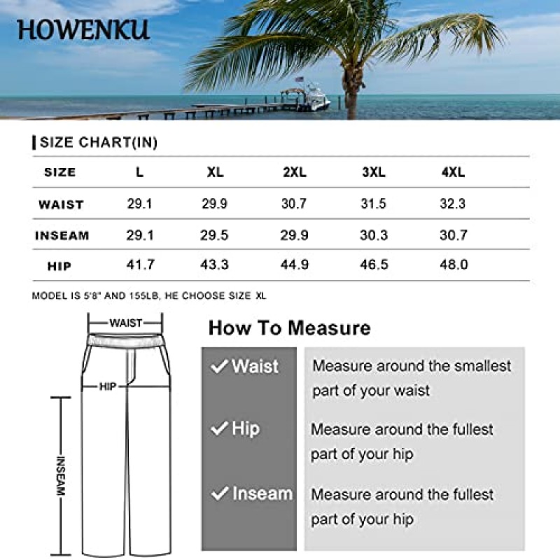 Howenku 남성 리넨 캐주얼 바지, 루즈한 경량 스트레이트 레그 코튼 드로스트링 여름 해변 요가 바지 남성용