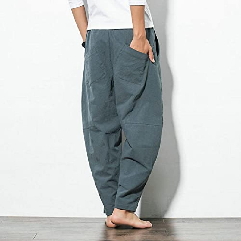 KKLLHSH 가을 남성 리넨 하렘 바지 캐주얼 루즈 바지 Drawstring Joggers M-5XL