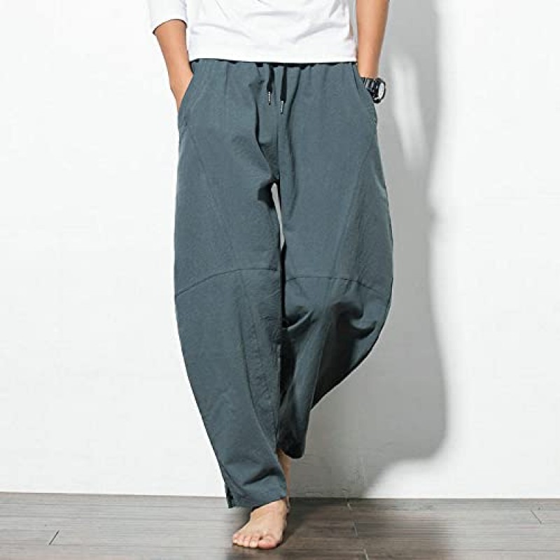 KKLLHSH 가을 남성 리넨 하렘 바지 캐주얼 루즈 바지 Drawstring Joggers M-5XL