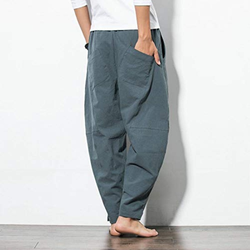 KKLLHSH 가을 남성 리넨 하렘 바지 캐주얼 루즈 바지 Drawstring Joggers M-5XL