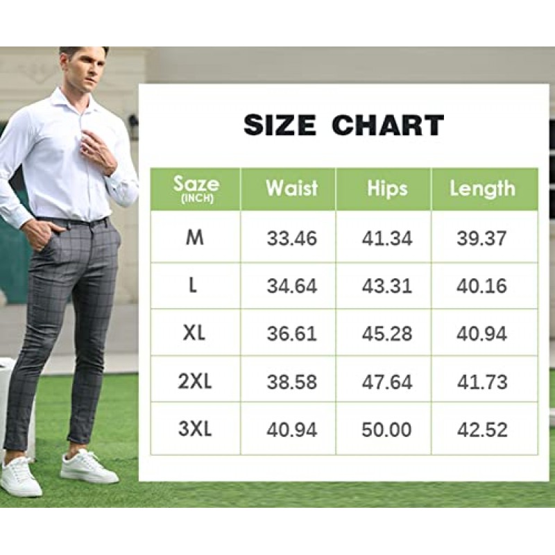 남성 스키니핏 체크 무늬 바지 비즈니스 드레스 바지 스트레치 슬림핏 캐주얼 바지 골프 작업용 긴 바지