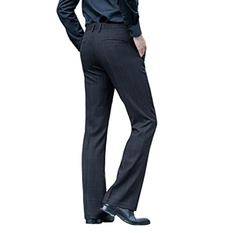 HAORUN 남성 스트레치 벨 바닥 체크 무늬 바지 슬림 피트 플레어 드레스 바지 60s 70s Retro Casual