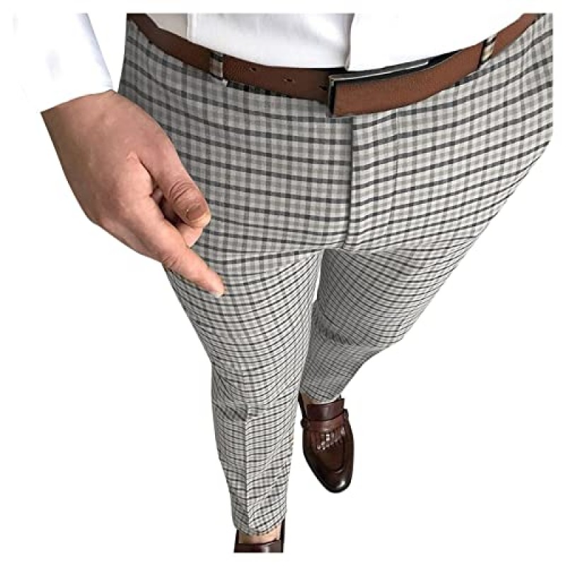 UXZDX 남성 캐주얼 체크 무늬 바지 파티 정장 바지 스트레치 피트 포켓이 있는 소셜 바지 정장 바지 비즈니스 남성 (색상: A, 사이즈: XL 코드)