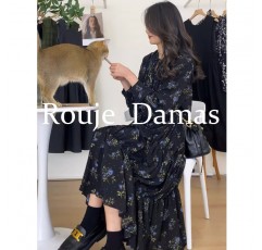Rouje Damas 블랙 꽃 무늬 스트랩 긴팔 드레스 초가을 새로운 프랑스 티 브레이크 드레스 틈새 롱 드레스