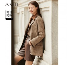 Amii 2023 겨울 새 스타일 옷깃 칼라 복고풍 격자 무늬 울 양면 모직 코트 여성용 몸집이 작은 모직 코트