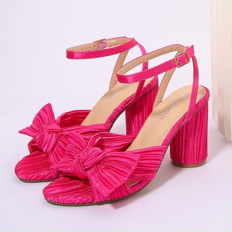 Amoji 여성용 새틴 블록 힐 3 인치-4 인치 샌들 Bowknot Pleated Ankle Strap for Wedding Party Dress Shoes 302