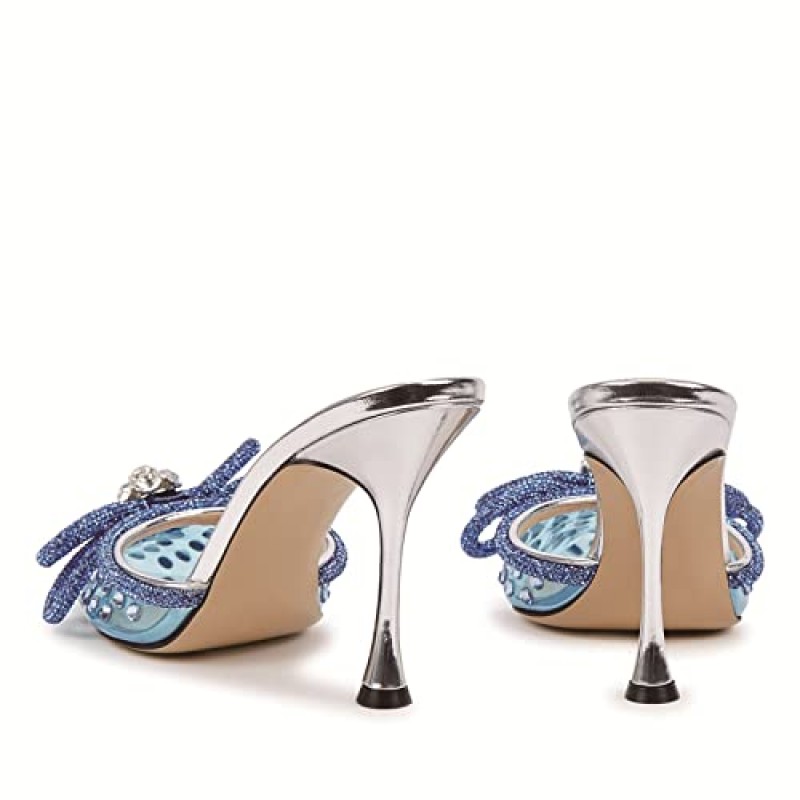 MIRAAZZURRA 여성 하이힐 뮬 투명 PVC 지적 발가락 더블 보우 라인 석 장식 웨딩 샌들 여름 신부 신발에 스틸레토 백리스 슬립