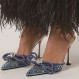 MIRAAZZURRA 여성 하이힐 뮬 투명 PVC 지적 발가락 더블 보우 라인 석 장식 웨딩 샌들 여름 신부 신발에 스틸레토 백리스 슬립