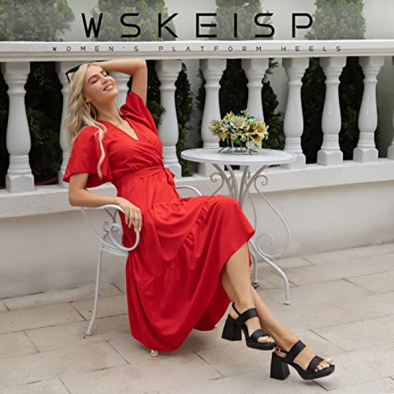 WSKEISP 여성용 플랫폼 힐 발목 스트랩 샌들 패션 두 밴드 웨딩 파티 댄스 파티 Chunky High Heels 드레스 펌프