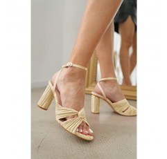 Jauoop 여성용 Pleated Bow 매듭 굽 샌들 오픈 발가락 발목 스트랩 블록 Chunky Heel 슬라이드 신부 웨딩 드레스 신발