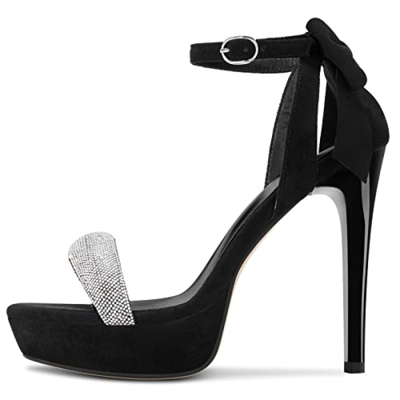 HDEUOLM 하이힐 스틸레토 플랫폼 Peep Open Toe 샌들 발목 스트랩 Bow-knot Prom Shoes 반짝이 4.3 인치 힐