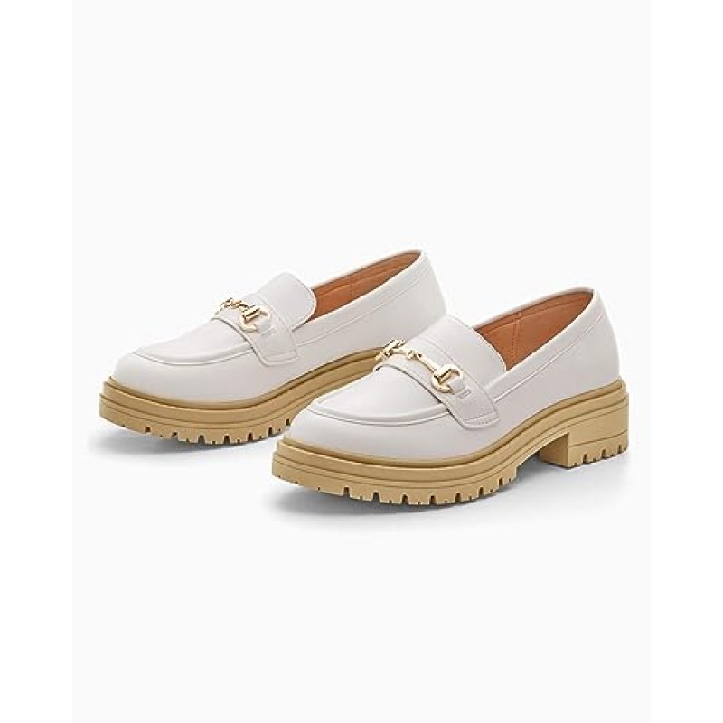 Coutgo Womens Chunky Platform Loafers 로우 힐 플랫 러그 솔 슬립 온 페니 로퍼 Office Work Dress Shoes with Chain