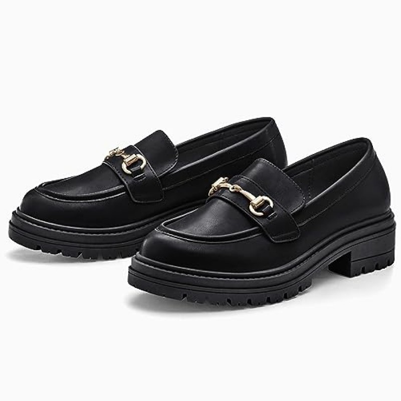 Coutgo Womens Chunky Platform Loafers 로우 힐 플랫 러그 솔 슬립 온 페니 로퍼 Office Work Dress Shoes with Chain