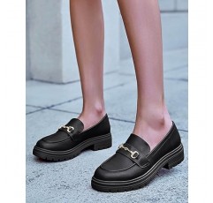 Coutgo Womens Chunky Platform Loafers 로우 힐 플랫 러그 솔 슬립 온 페니 로퍼 Office Work Dress Shoes with Chain