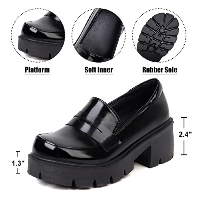 CELNEPHO 여성용 페니 로퍼 Comfort Round Toe Slip On Mid Chunky Heel 플랫폼 유니폼 드레스 슈즈 여성용 옥스포드 블랙