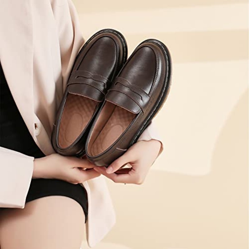 여성 페니 로퍼 신발 여성 가죽 로퍼 운전 모카신 신발 편안한 보트 신발 패션 귀여운 섹시한 학교 사무실 소녀 브라운 6.5