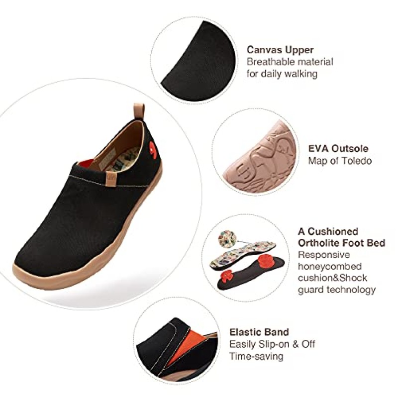 UIN 여성용 슬립온 캔버스 경량 플랫 스니커즈 워킹 캐쥬얼 로퍼 한 색상 여행 신발 블랙 (6)