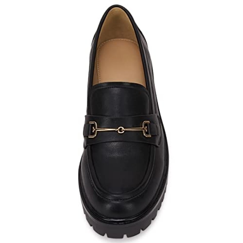 Womens Lug Sole Platform Mid Chunky Heel Loafer 클래식 라운드 발가락 슬립 온 사무복 옥스포드 신발 금속 체인 포함