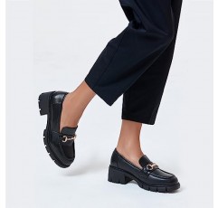 Coutgo Womens Chunky Platform 러그 솔 로퍼 미드 힐 스퀘어 발가락 드레스 버클 체인이 있는 워킹 작업 신발