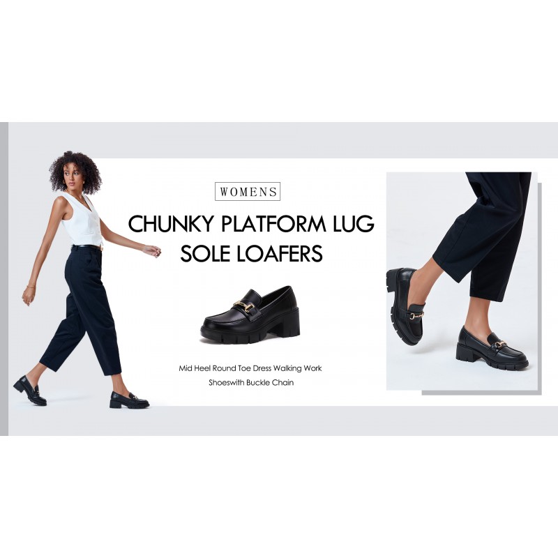 Coutgo Womens Chunky Platform 러그 솔 로퍼 미드 힐 스퀘어 발가락 드레스 버클 체인이 있는 워킹 작업 신발