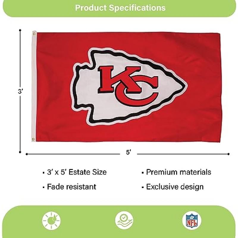 NFL 캔자스시티 치프스 3 x 5 고리가 달린 야외 내구성 깃발 | 야외 정원 테라스용 헤비 듀티 플래그 및 배너 | 방의 실내 벽 장식 플래그 | 외부 주택의 깃대와 함께 작동