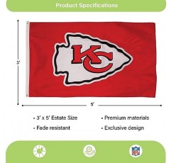 NFL 캔자스시티 치프스 3 x 5 고리가 달린 야외 내구성 깃발 | 야외 정원 테라스용 헤비 듀티 플래그 및 배너 | 방의 실내 벽 장식 플래그 | 외부 주택의 깃대와 함께 작동