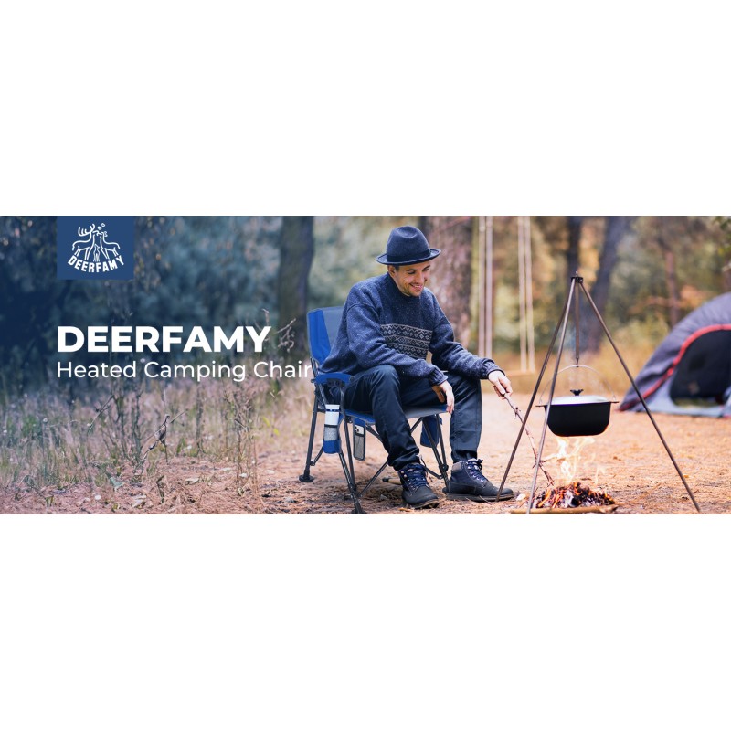 15000mah 12V 배터리 팩이 포함된 DEERFAMY 온열식 캠핑 의자, 가열식 등받이 및 시트, 3단계 열 레벨, 컵 홀더, 리치 포켓, 캠프 및 야외 스포츠용 여행 가방, 330lbs 지원, 파란색