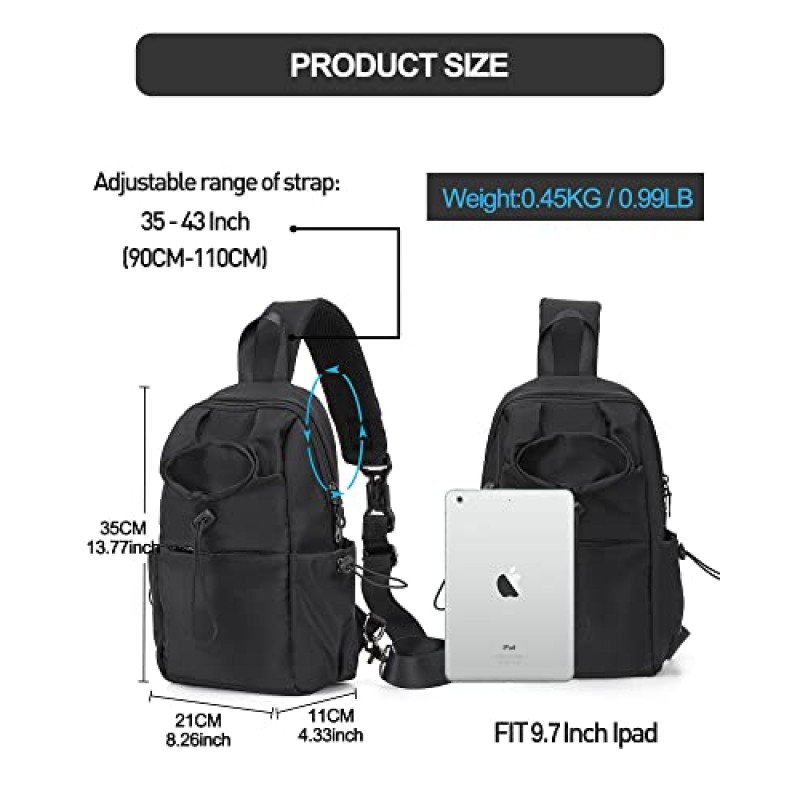 남성 여성용 블랙 슬링 크로스 바디 백, 전술 배낭 어깨 데이 팟 미니 도난 방지 크로스 바디 오토바이 가슴 가방, 캐주얼 여행 하이킹 야외 스포츠를위한 소형 원 스트랩 백팩