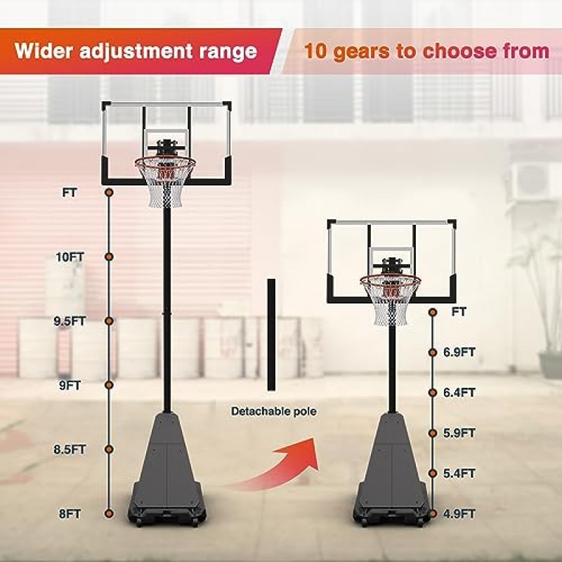 28-44인치 백보드 및 2개의 바퀴가 있는 Seray 농구 골대, 야외 농구 골대 3.2-10 FT 어린이/성인 야외/실내 조절 가능한 높이