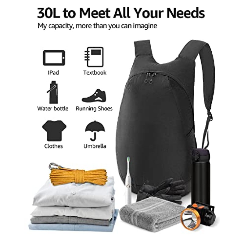 MULISOFT 30L 접이식 하이킹 배낭, 남성 및 여성을 위한 경량 캠핑 배낭, 방수 여행 데이팩