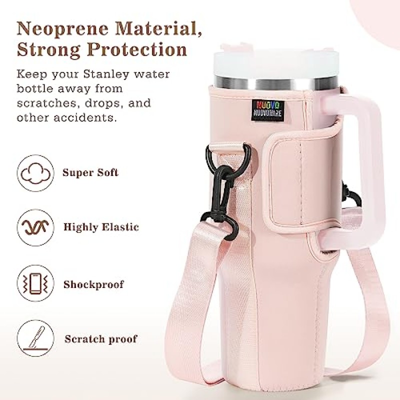 Nuovoware 물병 캐리어 백은 Stanley Quencher H2.0, 조절 가능한 어깨 끈이 있는 40OZ 병 파우치 홀더, 하이킹 여행 캠핑용 네오프렌 물병 홀더, 라이트 핑크에 적합합니다.