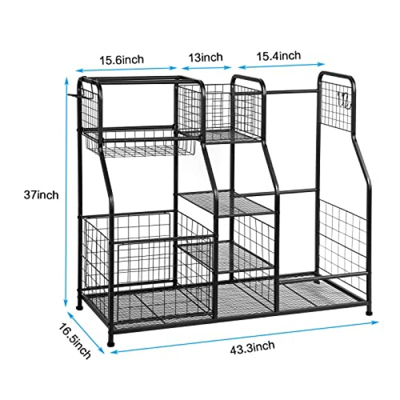 골프 가방 보관 랙 - 골프 가방 2개에 적합, 바구니가 있는 차고 스포츠 장비 정리함, 차고 정리함 및 후크가 있는 보관함, 차고, 체육관, 창고, 야외용 바퀴가 있는 이동식 공 보관 카트