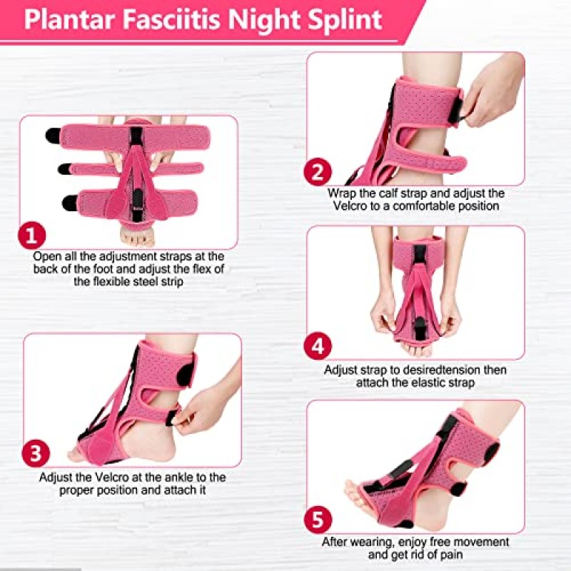 exhood 발바닥 근막염 야간 부목, 발바닥 근막염 완화 버팀대, 3개의 조절 가능한 스트랩 발바닥 근막염 야간 부목 완화 발바닥 근막염, 발 드롭, 아킬레스 건염, 주야간…