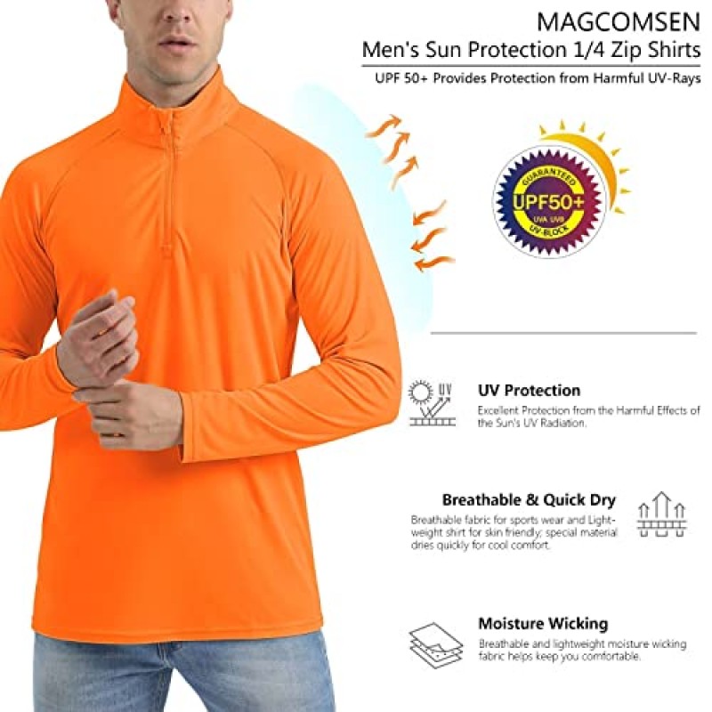 MAGCOMSEN 남성용 긴 소매 썬 셔츠 UPF 50+ 티셔츠 1/4 지퍼 업 낚시 러닝 러쉬 가드 티셔츠 아웃 도어 셔츠