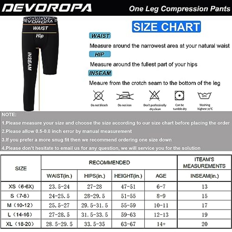 DEVOROPA 청소년 소년 한쪽 다리 압축 바지 농구 3/4 레깅스 스포츠 스타킹 어린이 운동 축구 기본 레이어