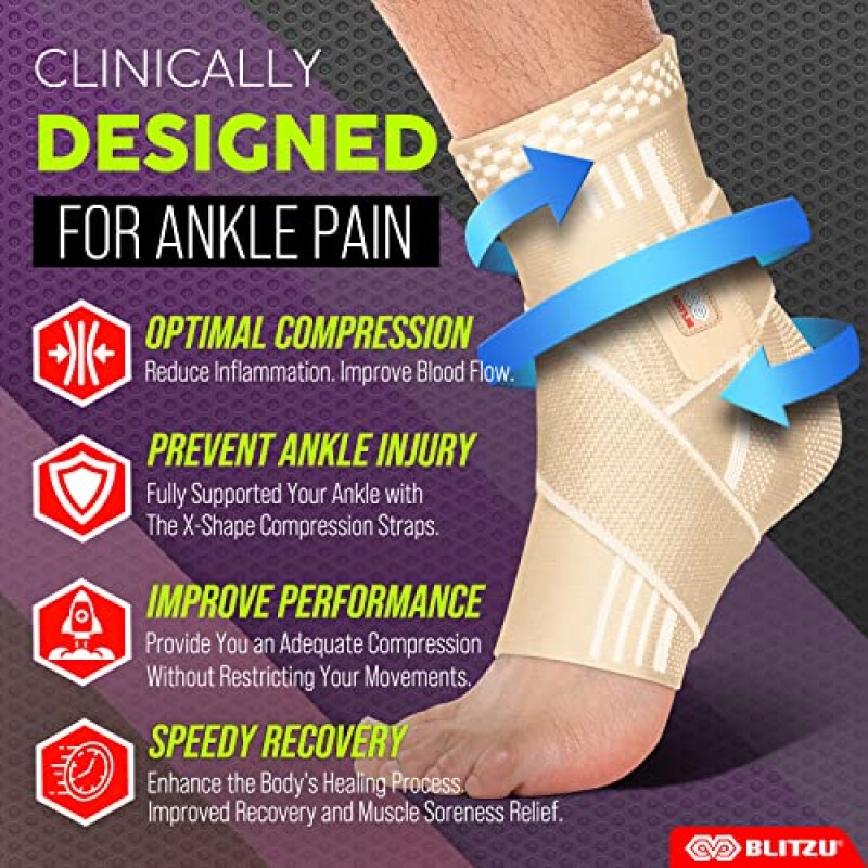 아킬레스 건염, 관절 통증 완화를 위한 조절 가능한 압축 지지 스트랩이 있는 BLITZU 발목 버팀대. 여성 및 남성을 위한 발목 랩. 발뒤꿈치 통증을 위한 삔 발목 보호대 슬리브 발 아치 누드 S