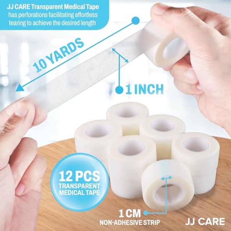 JJ CARE 투명 의료용 테이프(12개 팩), 1 x 10야드 투명 상처용 수술용 테이프, 잔류물 없음 의료용 테이프, 투명 응급처치 테이프 롤 및 상처 관리용 쉽게 찢기는 의료용 테이프