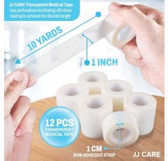 JJ CARE 투명 의료용 테이프(12개 팩), 1 x 10야드 투명 상처용 수술용 테이프, 잔류물 없음 의료용 테이프, 투명 응급처치 테이프 롤 및 상처 관리용 쉽게 찢기는 의료용 테이프