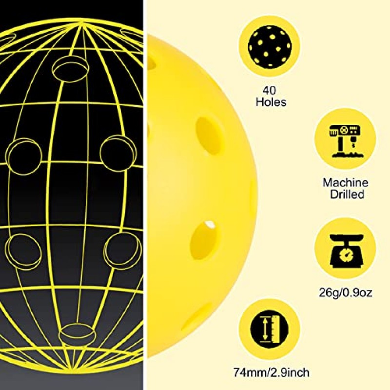 GoldPig 야외 피클볼 공 40홀 피클볼 6/12팩 목재 및 콘크리트 바닥용 노란색 높은 바운스 및 내구성이 뛰어난 피클 공 테니스 코트 1개, 운반용 가방 1개, 핸들 스트랩 2개 포함