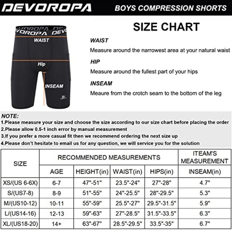 DEVOROPA 청소년 남아 압축 반바지 성능 운동 기본 레이어 운동 훈련 속옷 사이드 포켓(2개 팩)