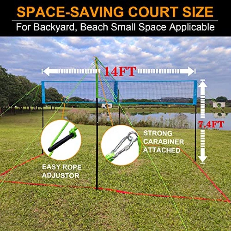 Zdgao 4방향 배구 및 배드민턴 콤보 네트(소프트 배구, 고무 망치 및 운반용 가방 포함) - 뒷마당 및 해변용 높이 조절 가능 4사각형 배구 게임 세트, 야외 게임 조립 용이