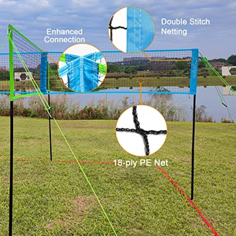 Zdgao 4방향 배구 및 배드민턴 콤보 네트(소프트 배구, 고무 망치 및 운반용 가방 포함) - 뒷마당 및 해변용 높이 조절 가능 4사각형 배구 게임 세트, 야외 게임 조립 용이