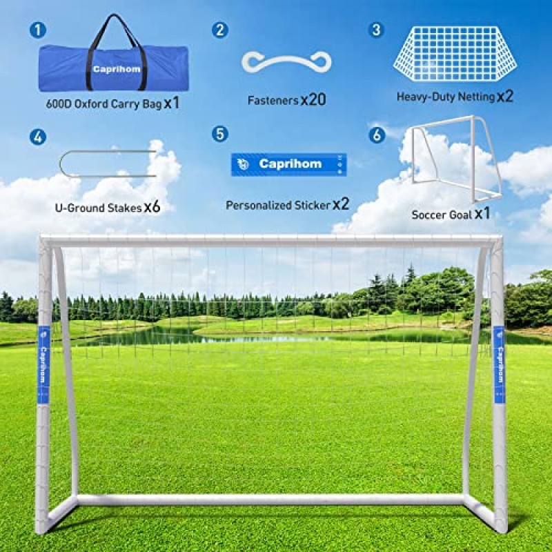 축구 목표 10FTx6.5FT/8FTx 5FT/ 6FTx4FT(네트 2개 포함) | 비바람에 견디는 UPVC 프레임, 그라운드 스테이크를 갖춘 뒷마당을 위한 Caprihom 축구 목표 | 어린이와 성인을 위한 휴대용 PVC 표준 사이즈 축구 골 포스트