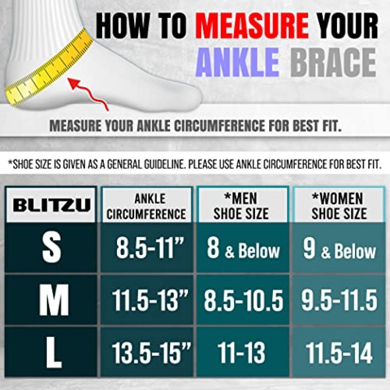BLITZU 레이스업 발목 보호대(여성 및 남성용). 안정 장치 지지대가 있는 발 슬리브. 발목 염좌, 경골 및 종골 건염, 배구, 농구 및 부상 회복을 위한 발목 랩. 에스