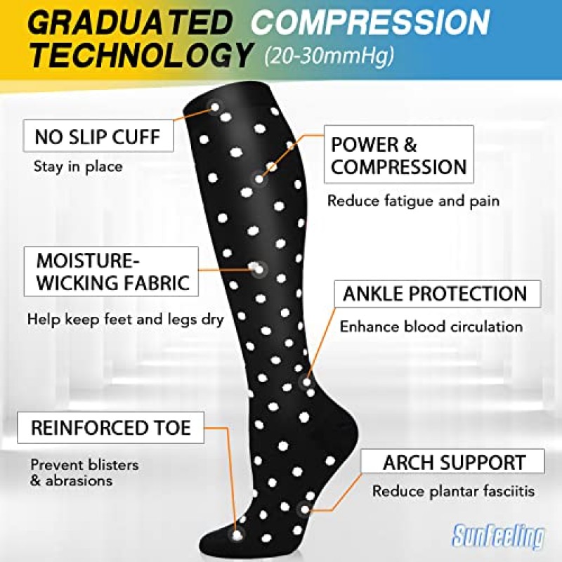 SunFeeling 6쌍 여성 및 남성 순환용 압축 양말, 20-30mmHg는 달리기, 운동, 스포츠를 위한 최고의 지원입니다.