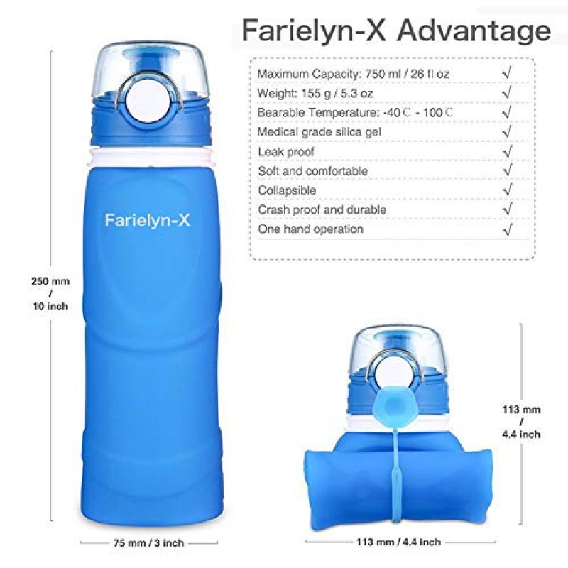 Farielyn-X 접이식 물병 26온스/750ml 의료용 실리콘, BPA 프리, 스포츠용 접이식 기능, 야외 및 실내 물병