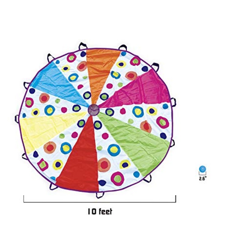 손잡이가 있는 어린이용 WEMOVE SPORTS 낙하산 – 휴대용 가방에 공 16개가 포함된 무지개 멀티 컬러, 3세 이상 유아, 노인용 낙하산 장난감(10피트 – 손잡이 12개)