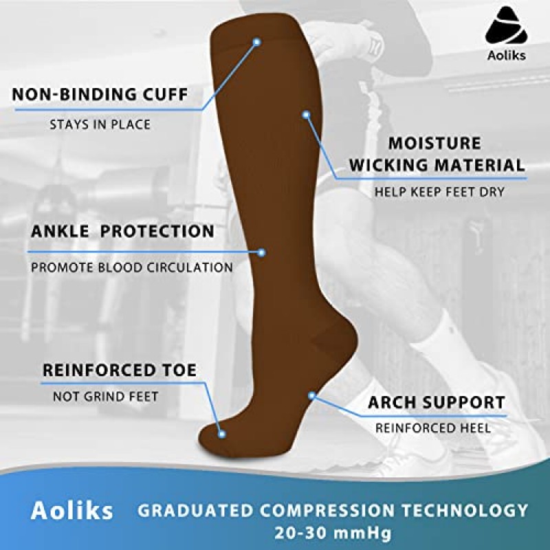 Aoliks 6쌍 여성 및 남성용 압축 양말 15-20mmHg, 간호사, 운동, 비행을 위한 최고의 지원