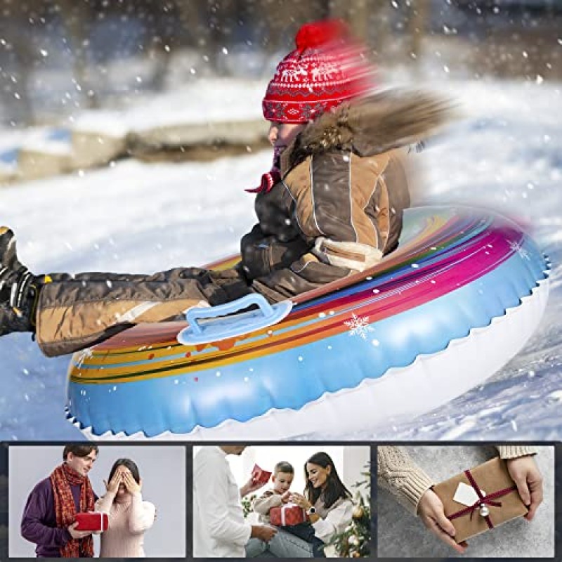 FindUWill 어린이 썰매용 3팩 스노우 튜브 썰매, 35' 어린이를 위한 0.6mm 더 두꺼운 바닥/손잡이가 있는 대형 팽창식 스노우 튜브 썰매 유아용 가족 겨울 야외 스포츠 장난감(3개 세트)